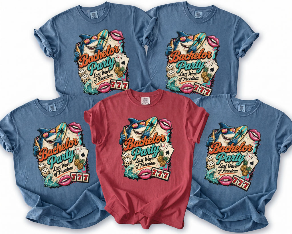 T-shirts with "Bachelor Party Last Wave of Freedom" graphic featuring a shark.