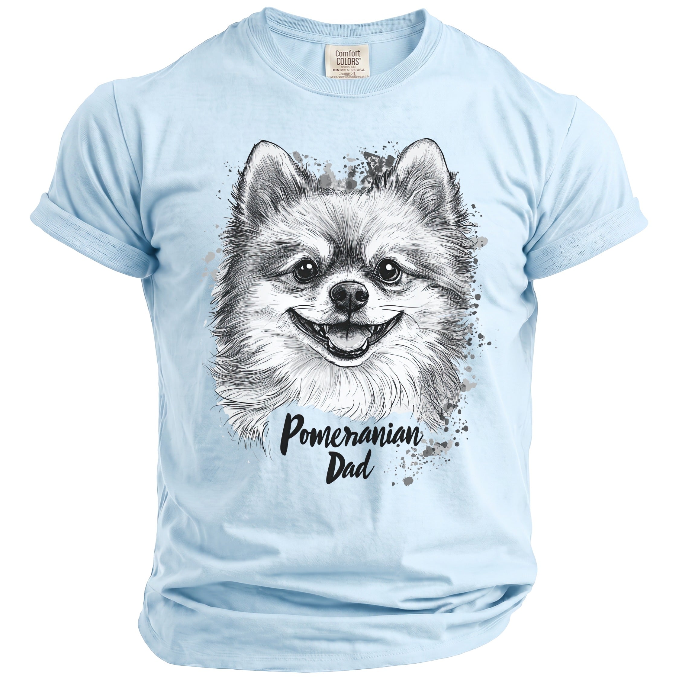 Light blue t-shirt with a black and white sketch of a smiling Pomeranian and "Pomeranian Dad" text.