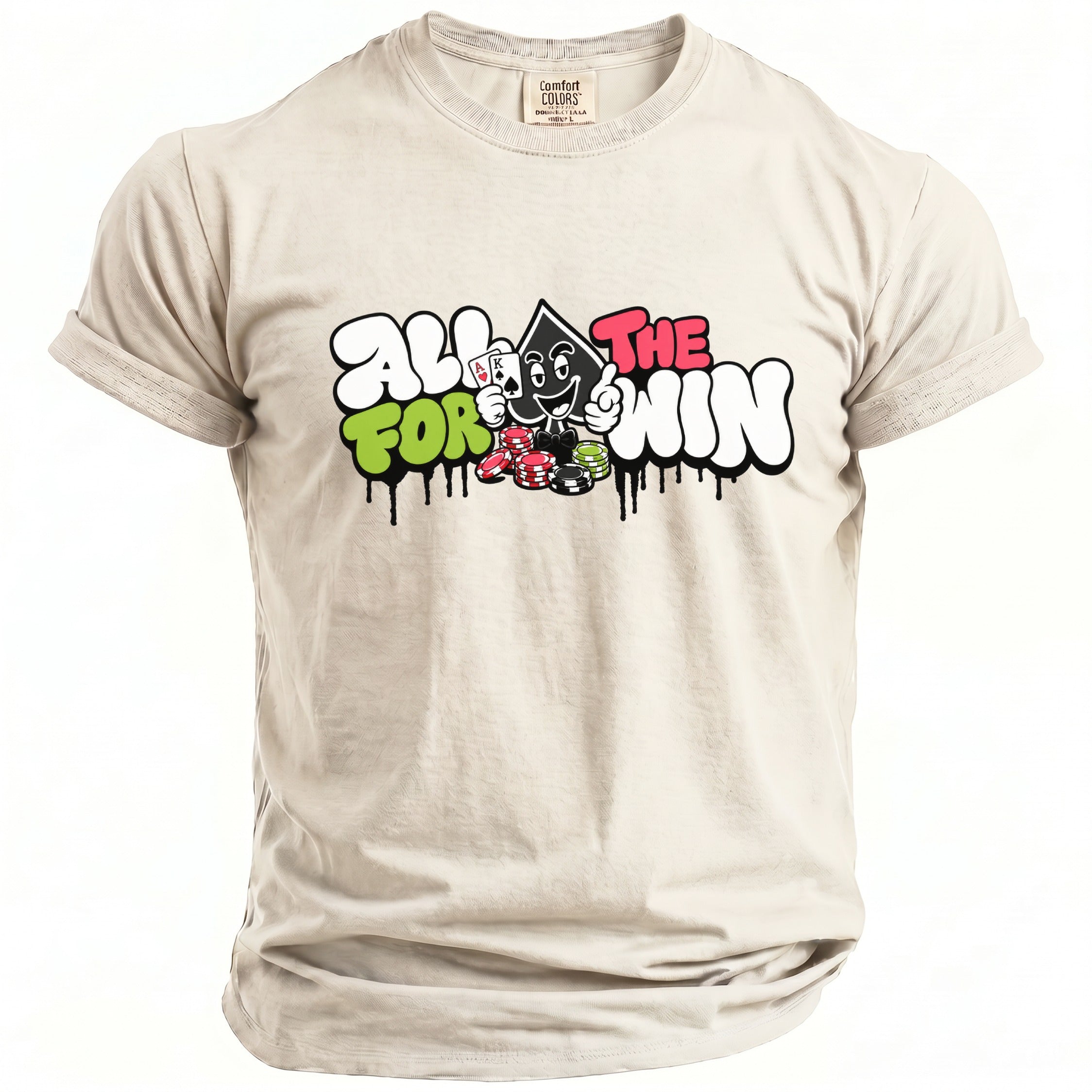 Beige t-shirt with graffiti-style print featuring playing cards, poker chips, and cartoon spade.
