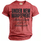 Red t-shirt with black text: "UNDER NEW MANAGEMENT Mike's Bach LA, CA Summer 2026".