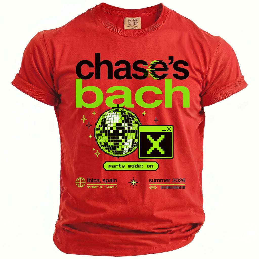 Red t-shirt with "chase's bach" text, disco ball, and "party mode: on" graphic.