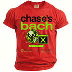 Red t-shirt with "chase's bach" text, disco ball, and "party mode: on" graphic.