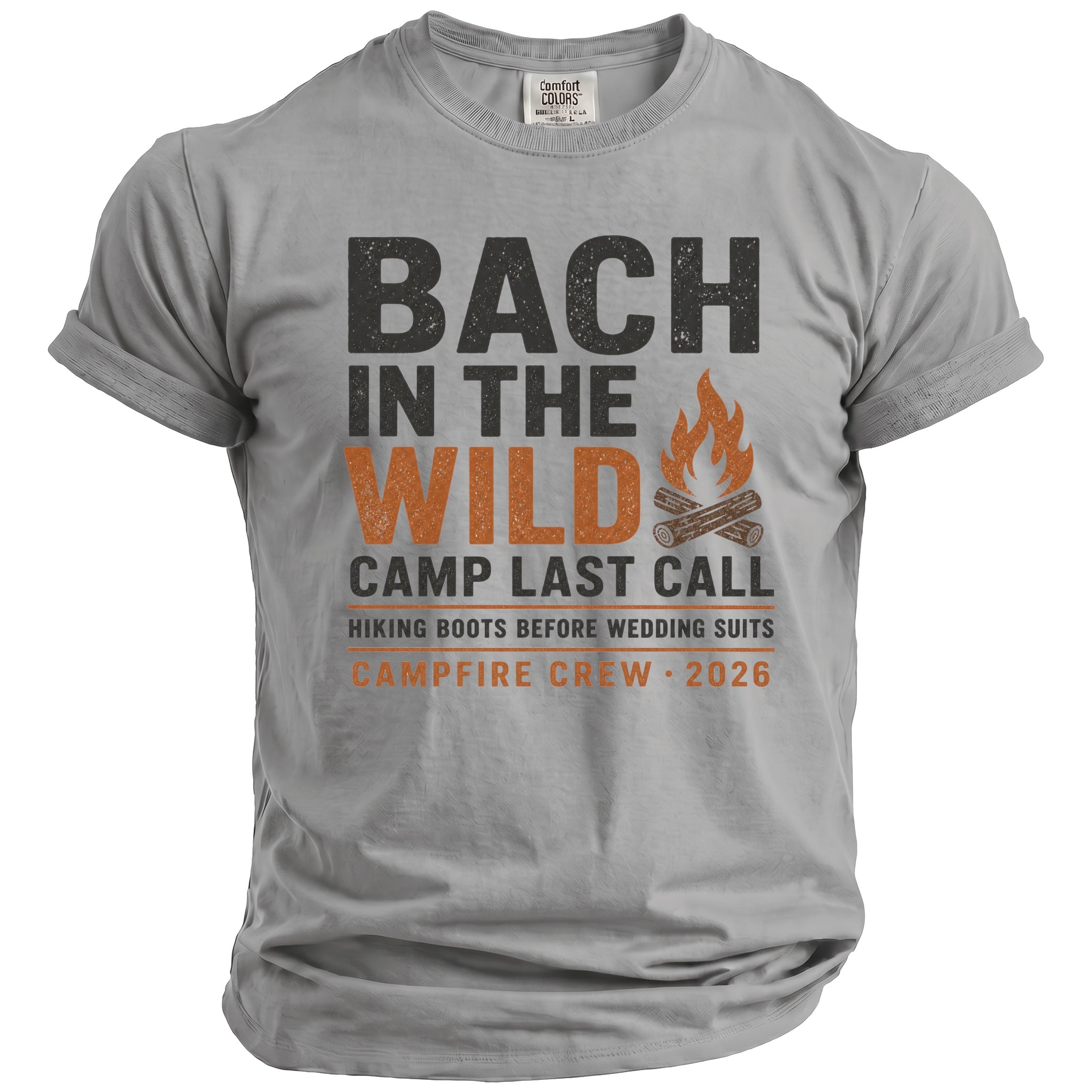 Grey t-shirt with text "Bach in the Wild, Camp Last Call, Campfire Crew 2026".
