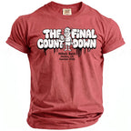 Red t-shirt with "The Final Countdown," a sweating man holding a stopwatch, and "Mike's Bach Malibu CA Summer 2026."