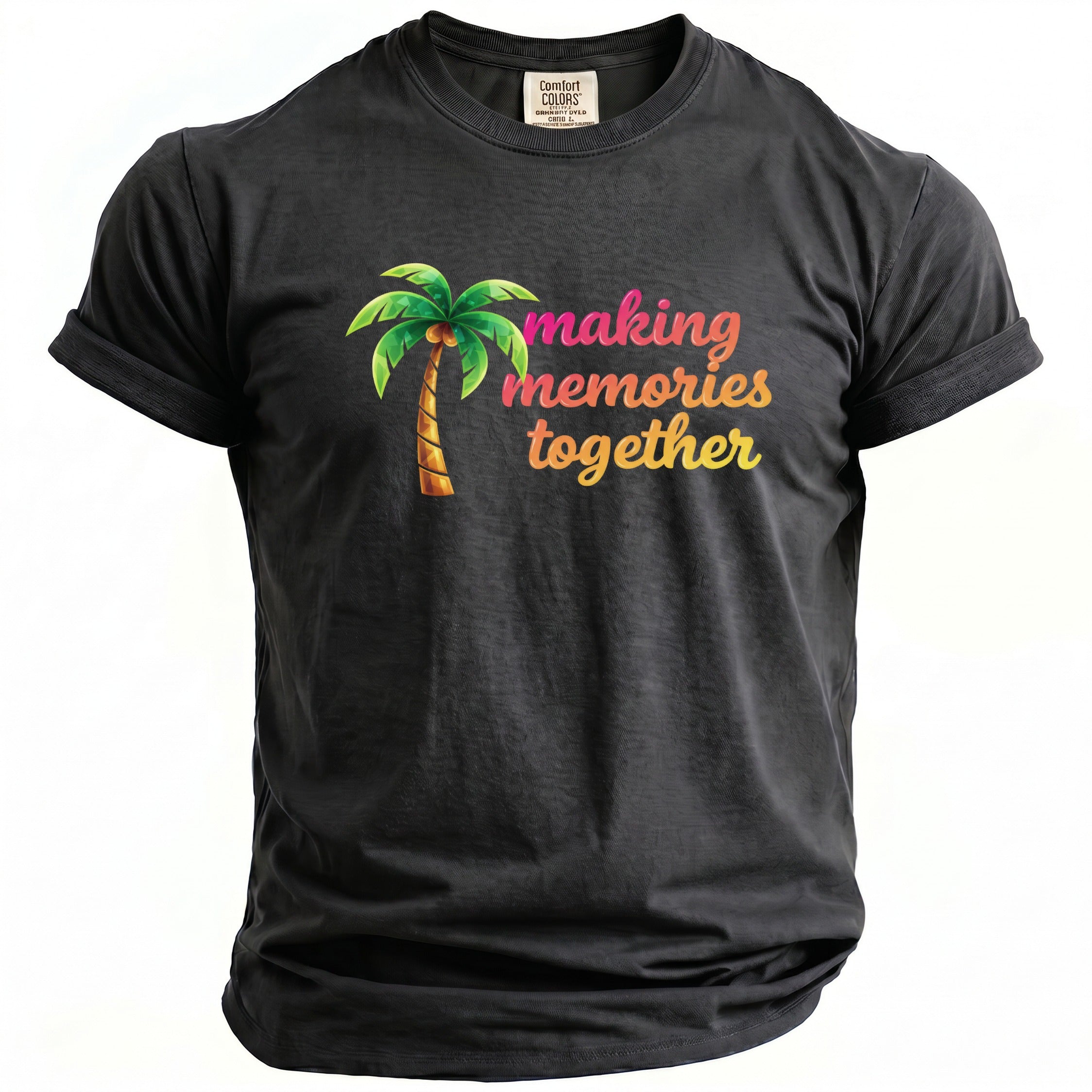 Black t-shirt with palm tree graphic and "making memories together" text.