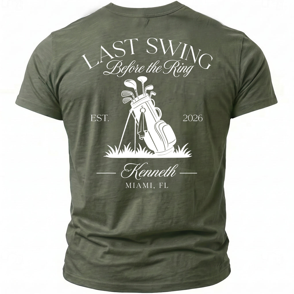 Green t-shirt with "Last Swing Before the Ring" text and golf club graphic.