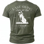 Green t-shirt with "Last Swing Before the Ring" text and golf club graphic.