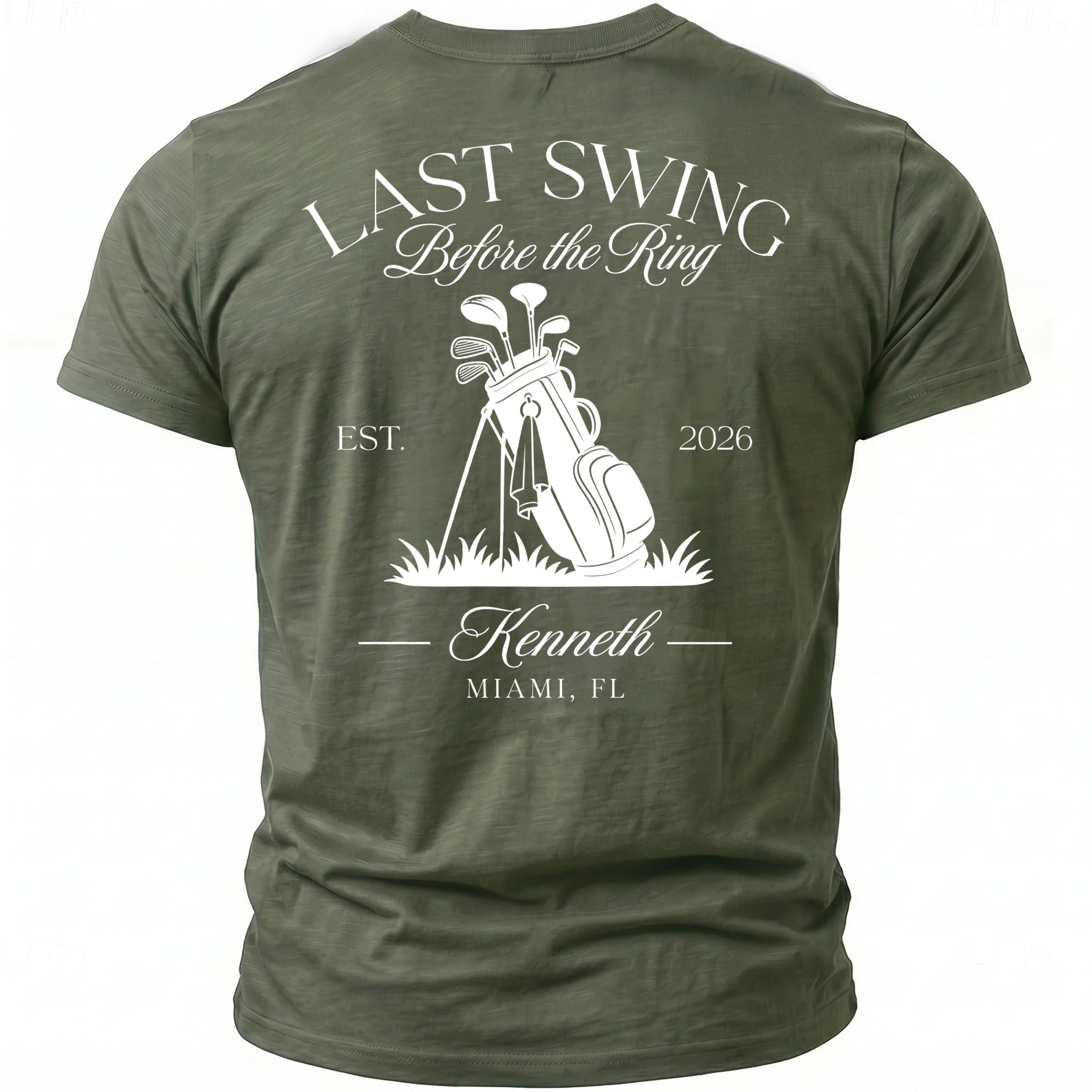 Green t-shirt with "Last Swing Before the Ring" text and golf club graphic.