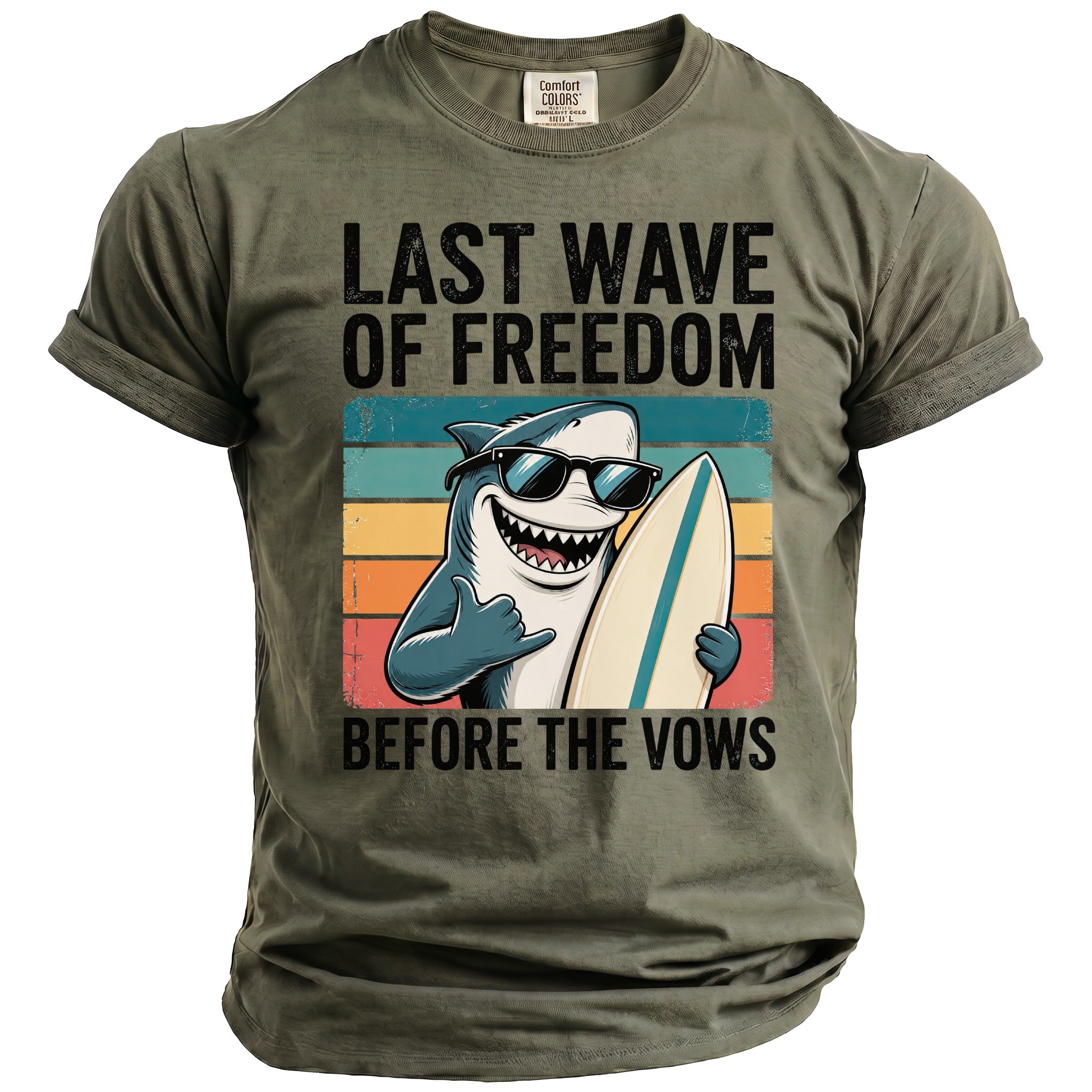 Green t-shirt with shark holding surfboard, "Last Wave of Freedom Before the Vows" text.