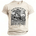 T-shirt with a dragon in a tuxedo playing poker with Las Vegas and "Bachelor Party" text.