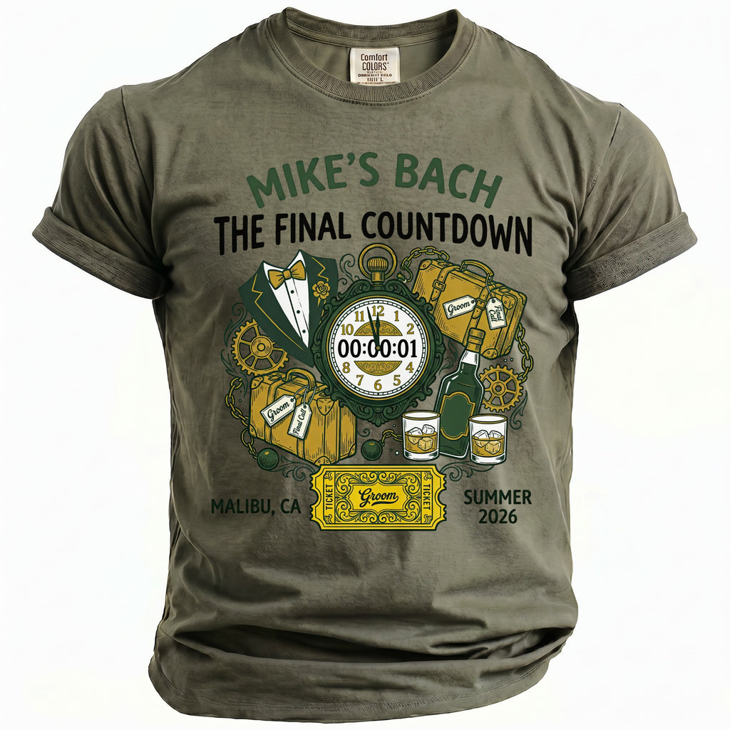 Olive green t-shirt with "Mike's Bach The Final Countdown" text and graphics.