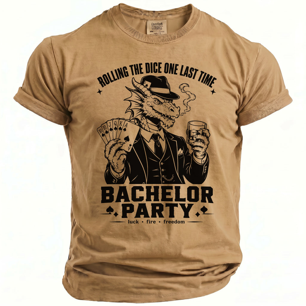 Tan t-shirt with a dragon playing cards and holding a drink, text "BACHELOR PARTY".