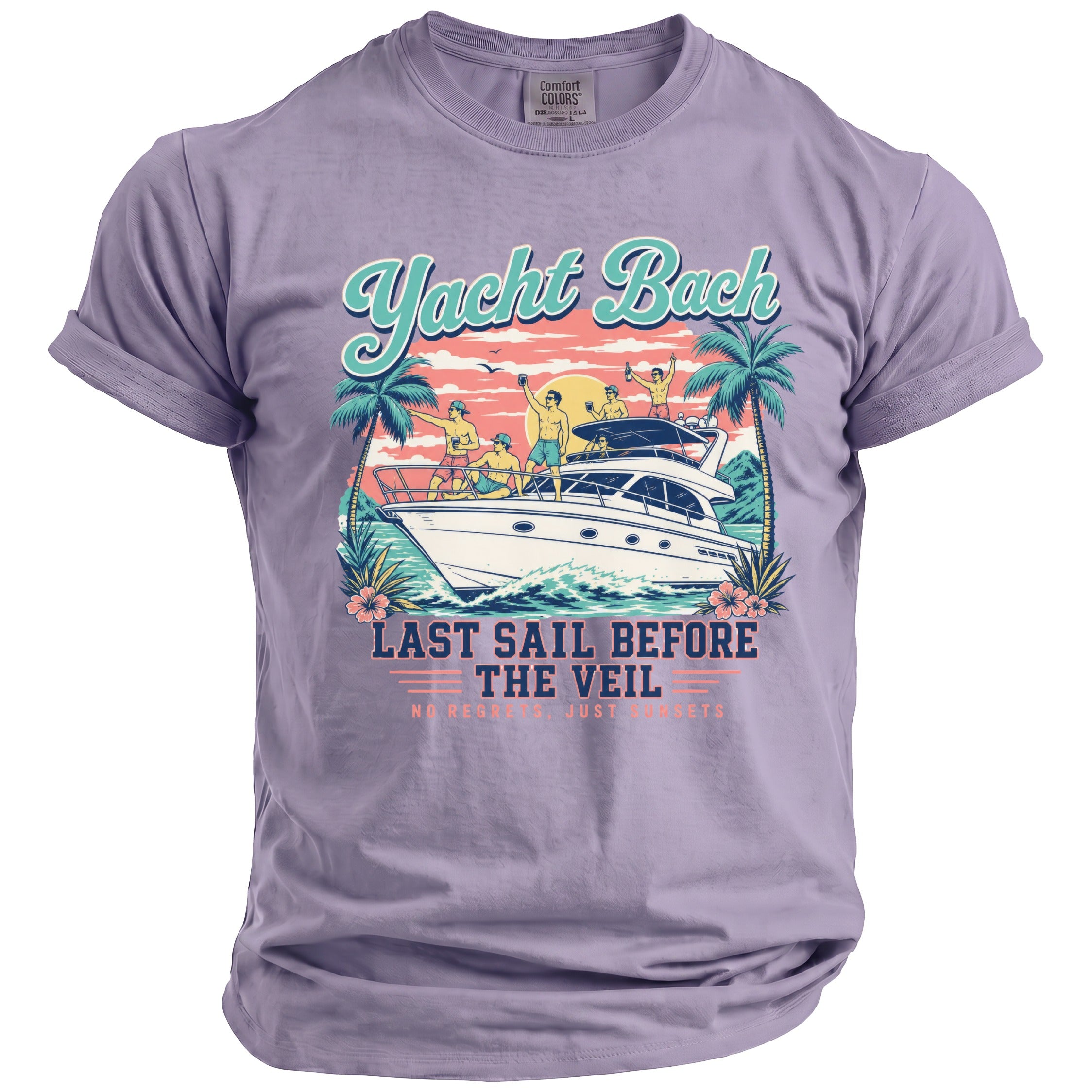 A purple t-shirt featuring a retro graphic of people on a yacht with the text Yacht Bach and Last Sail Before the Veil.