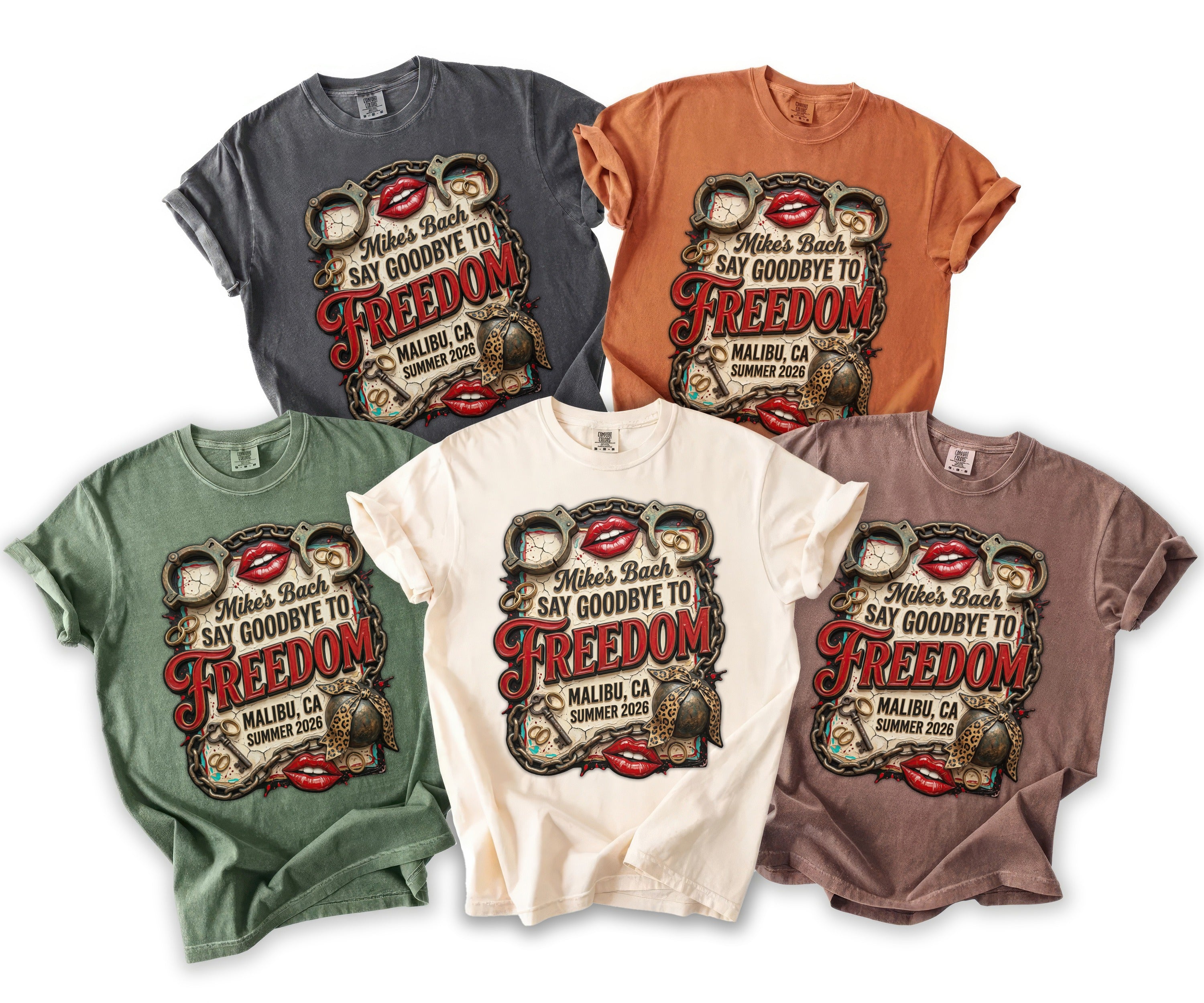 Five t-shirts in different colors featuring "Mike's Bach Say Goodbye To Freedom" graphic.