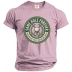 Pink t-shirt with circular golf graphic: Same Hole Forever Bachelor Golf Weekend 2026