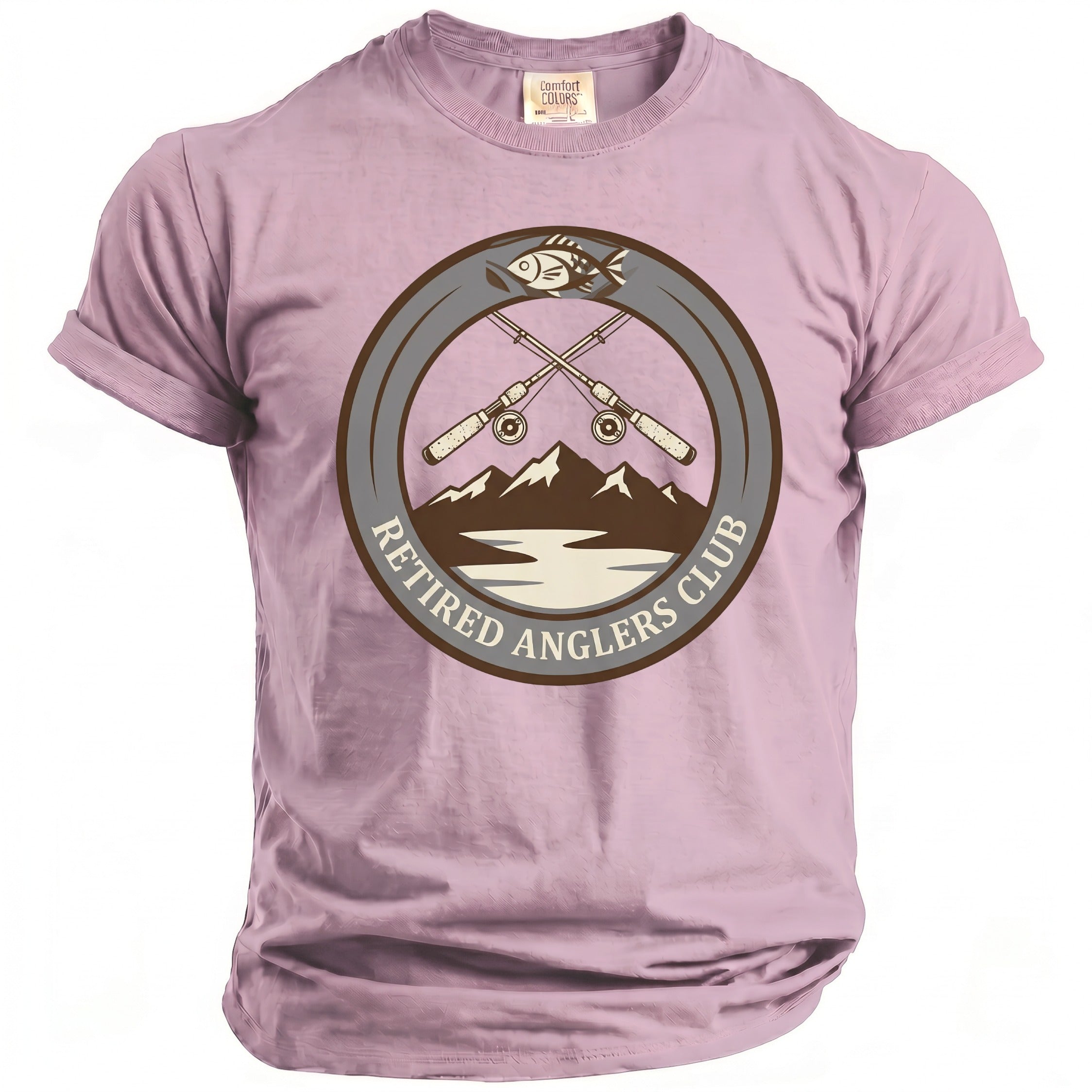 Pink t-shirt with a circular graphic of crossed fishing rods, mountains, and water.