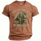 Brown t-shirt with "The Fellowship of the Groom" text and a dwarf with hammer and beer.