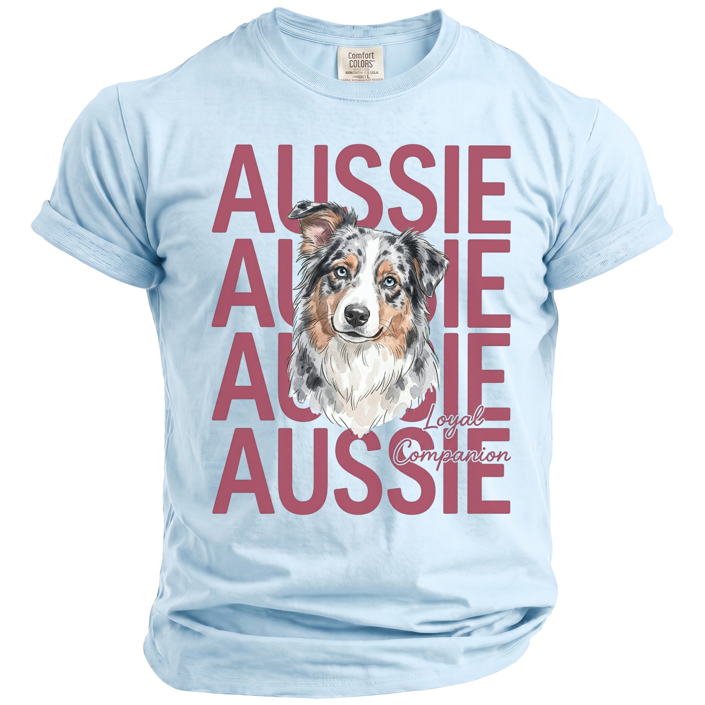 Light blue t-shirt with watercolor Aussie dog portrait and "Aussie Loyal Companion" text.