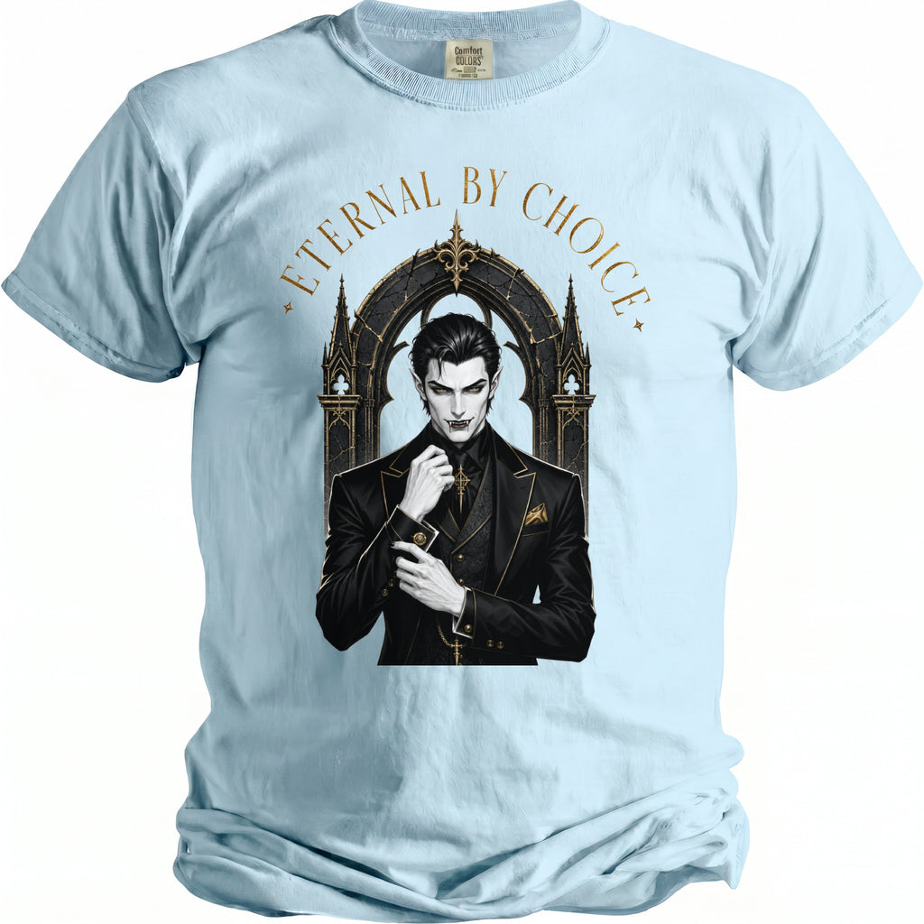 Light blue t-shirt featuring a gothic vampire design with the text "ETERNAL BY CHOICE".