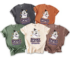 Five t-shirts displayed with a ghost graphic saying, "Spooky Booze Crew Tyler's Bachelor Bash."