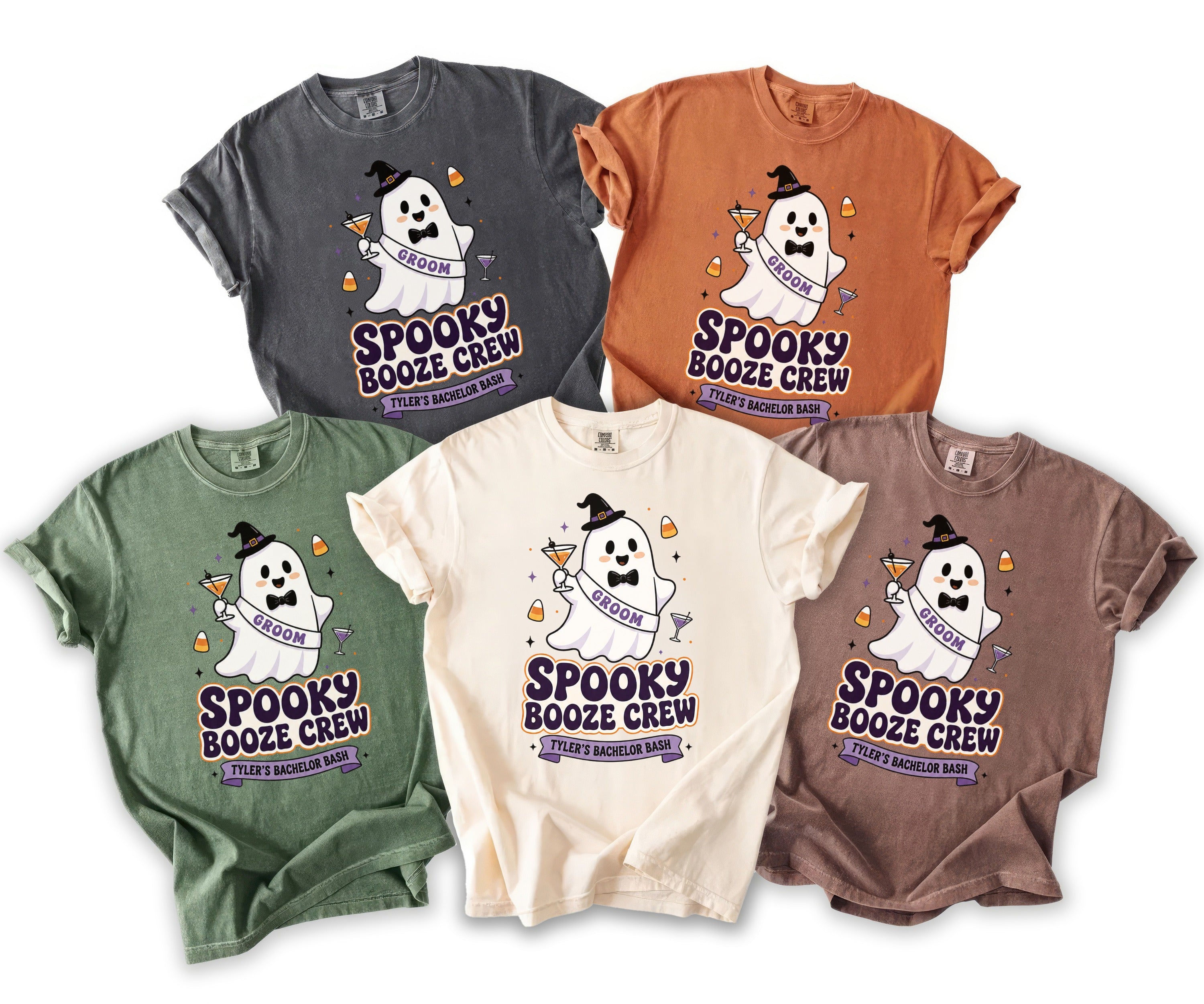Five t-shirts displayed with a ghost graphic saying, "Spooky Booze Crew Tyler's Bachelor Bash."