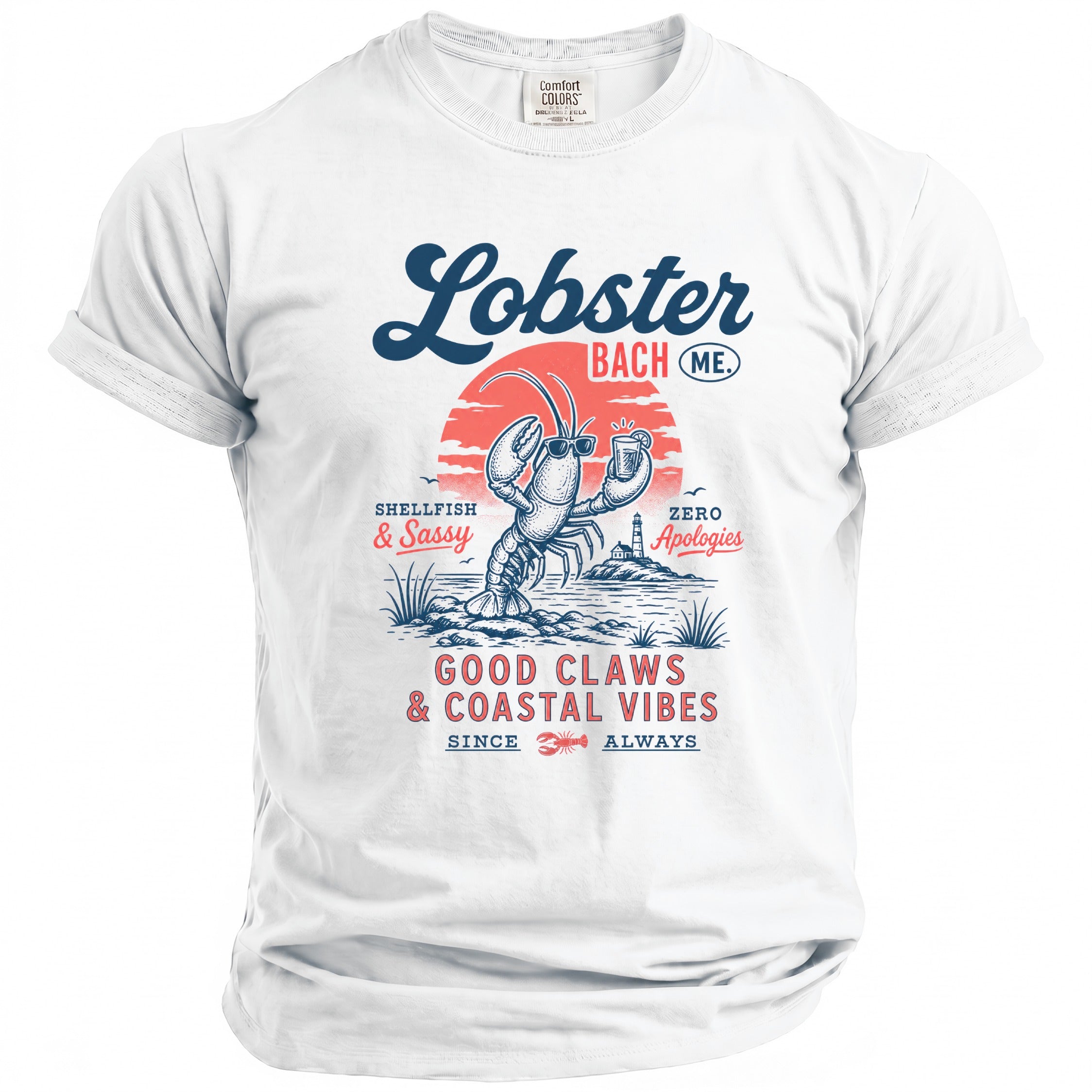 White t-shirt with "Lobster Bach ME." text and lobster graphic.