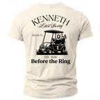 T-shirt with "Kenneth Last Swing Miami, FL EST 2026 Before the Ring" text and golf cart graphic.