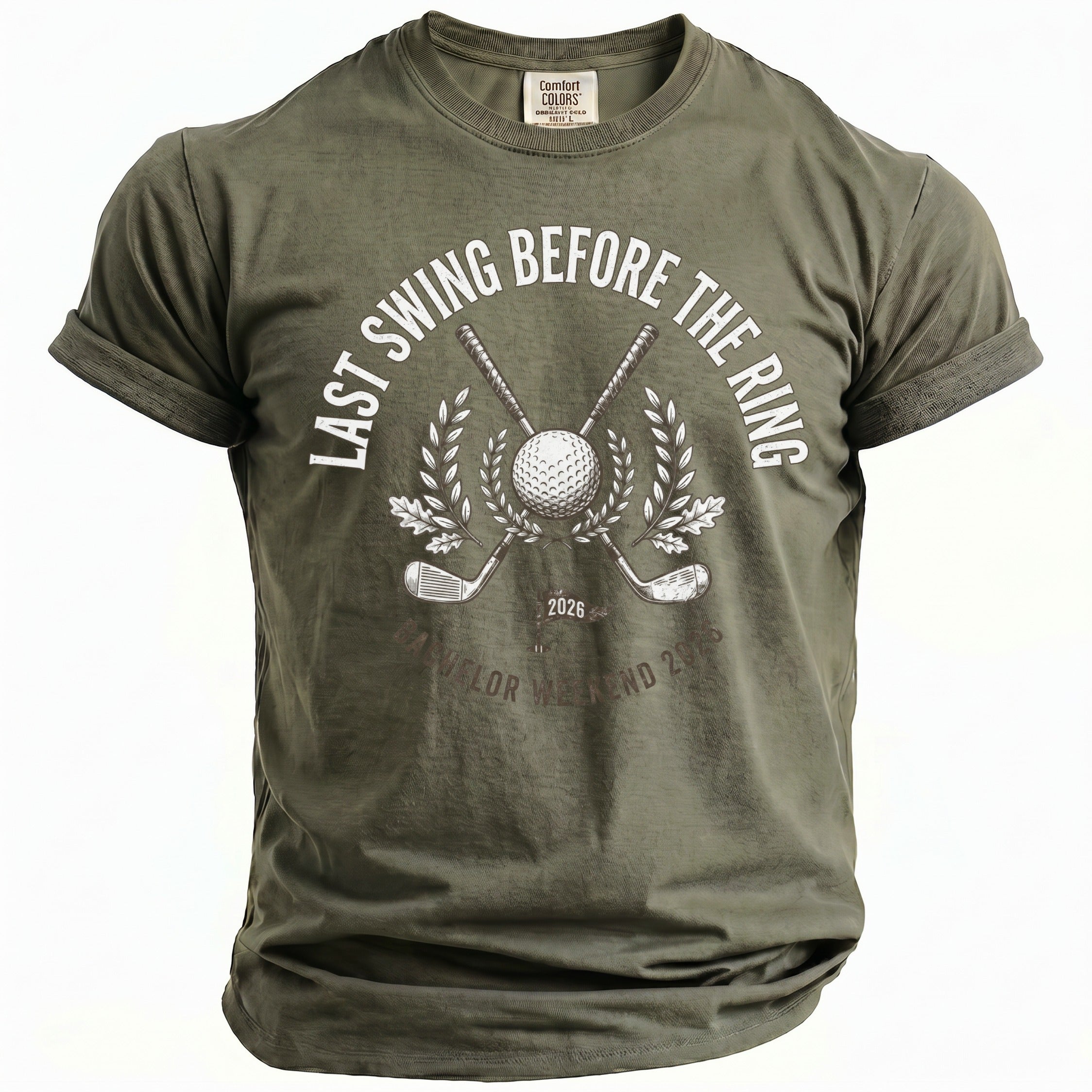 Olive green t-shirt with "LAST SWING BEFORE THE RING" and golf graphics.