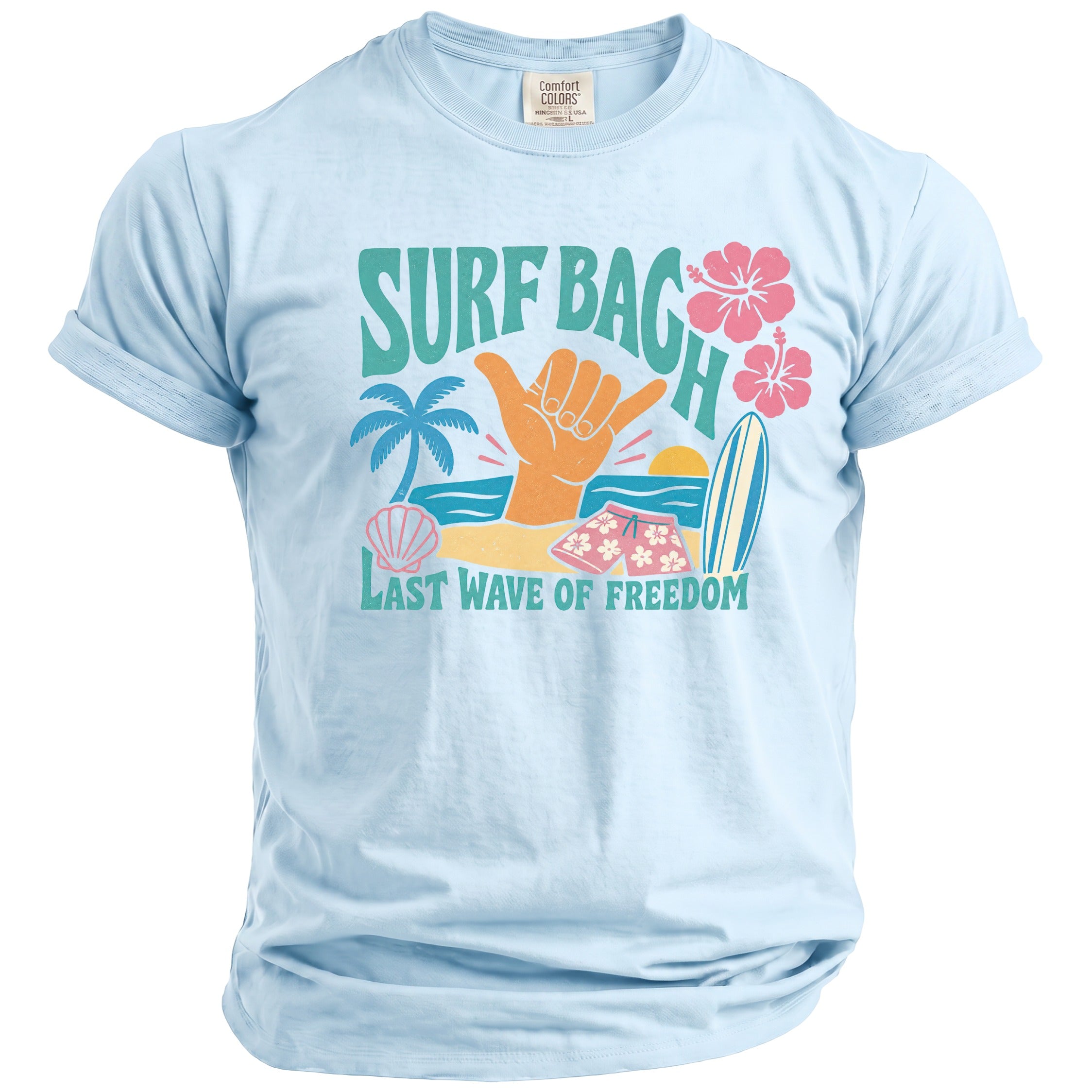 Light blue t-shirt with "Surf Bag" and "Last Wave of Freedom" graphic.