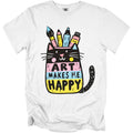 White t-shirt with a black cat holding art supplies, saying "ART MAKES ME HAPPY".