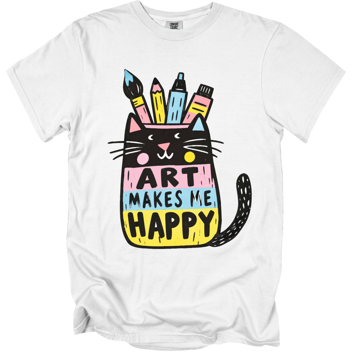 White t-shirt with a black cat holding art supplies, saying "ART MAKES ME HAPPY".