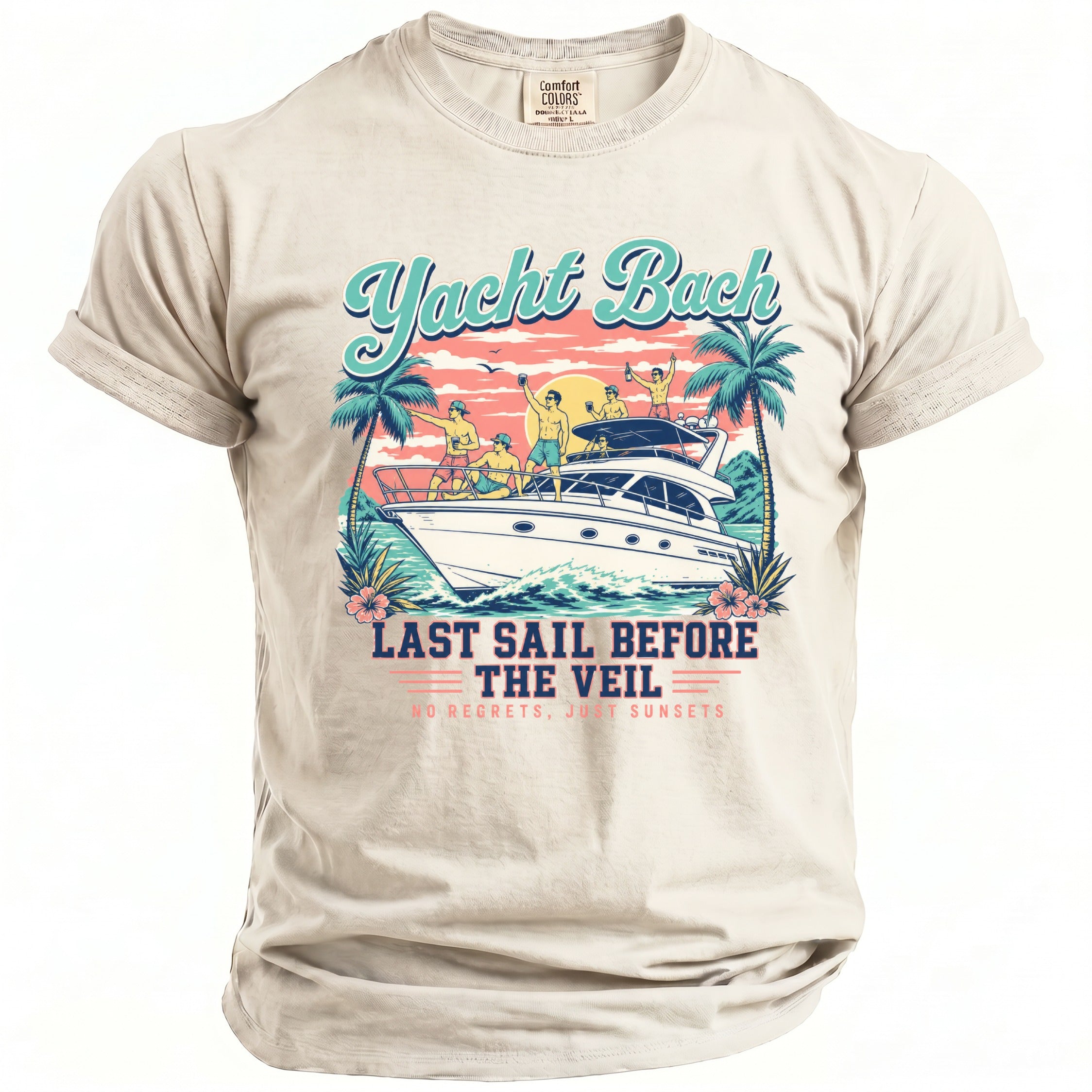 Beige crewneck t-shirt featuring a retro graphic of men partying on a yacht at sunset, with text reading "Yacht Bach Last Sail Before The Veil".