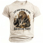 T-shirt with lion holding champagne, "Last Roar Before the Ring Bachelor Party" text.