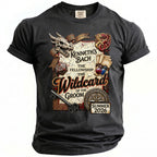 Dark grey t-shirt with "Kenneth's Bach The Fellowship The Wildcard of the Groom Summer 2026" design.