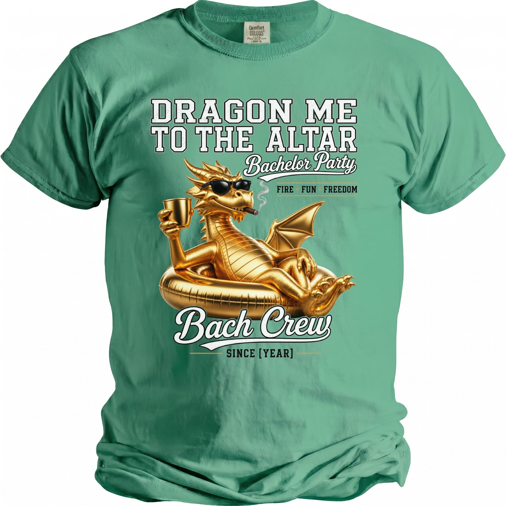Green t-shirt with gold dragon graphic and "Dragon Me to the Altar Bach Crew" text.