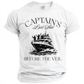 White t-shirt with black graphic: "CAPTAIN'S Last Sail BEFORE THE VEIL".