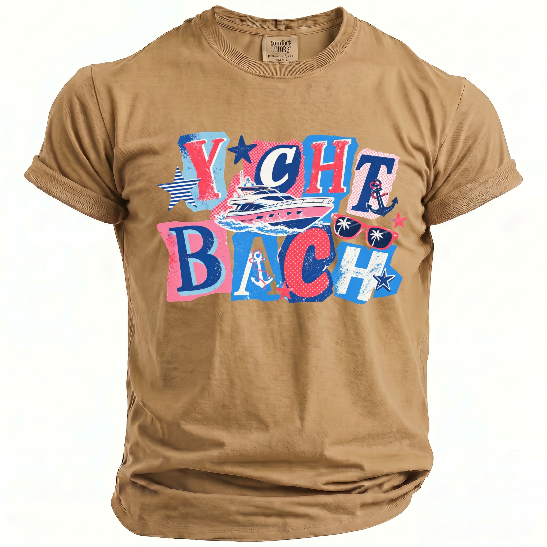 Tan t-shirt with a blue and pink graphic that reads Yacht Bach featuring a boat, anchors, and sunglasses.