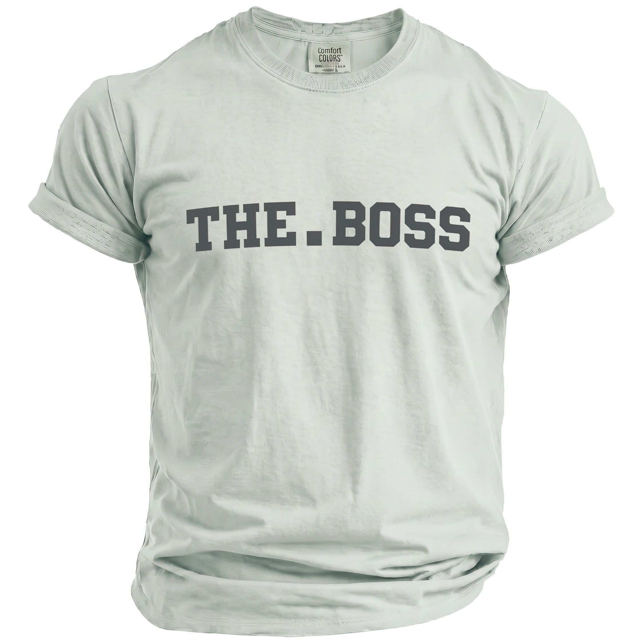 Light grey t-shirt with bold grey text reading "THE.BOSS".