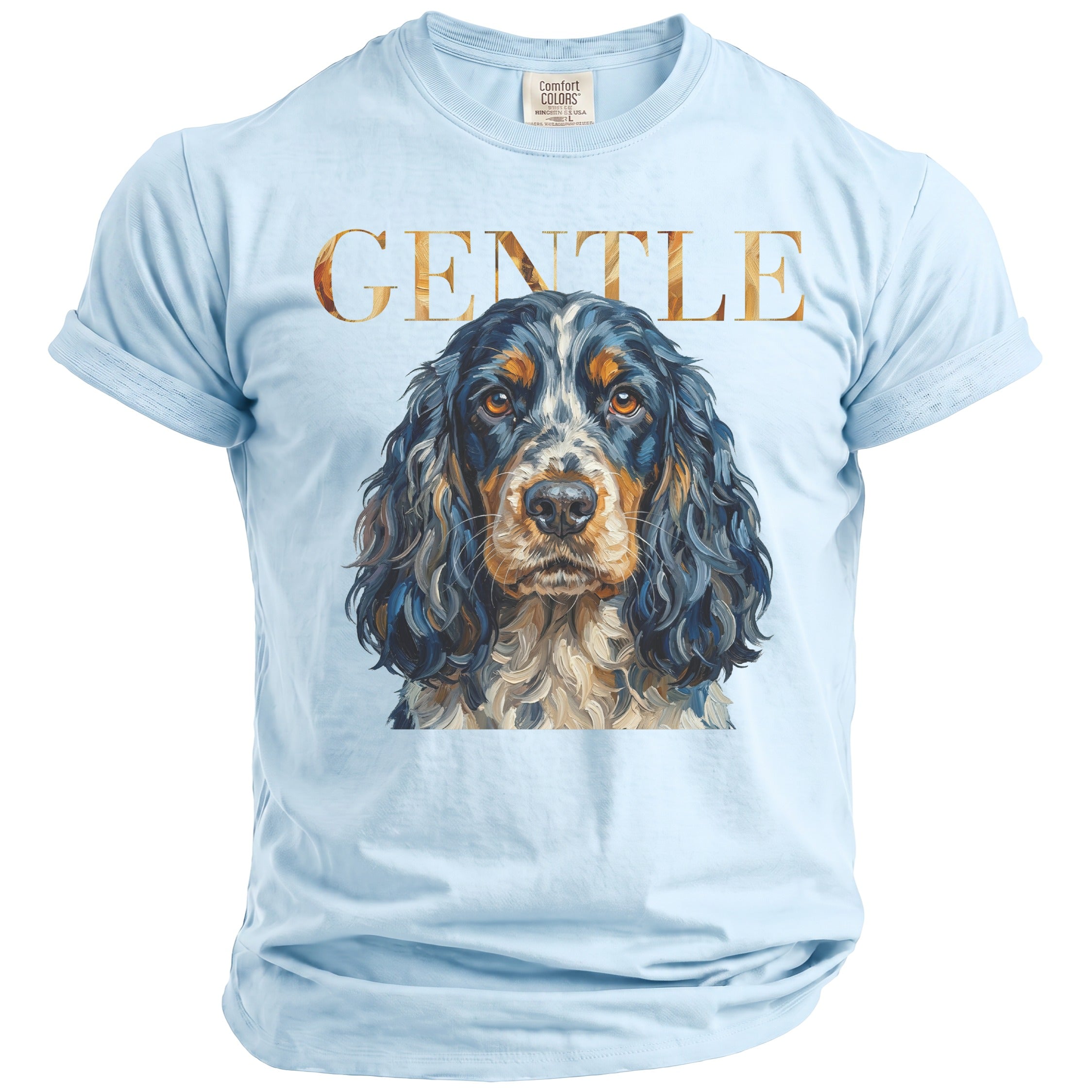 Light blue t-shirt with a dog portrait and "GENTLE" text.