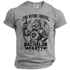 Grey t-shirt with a dragon graphic and text "FIRE BEFORE FOREVER BACHELOR PARTY".