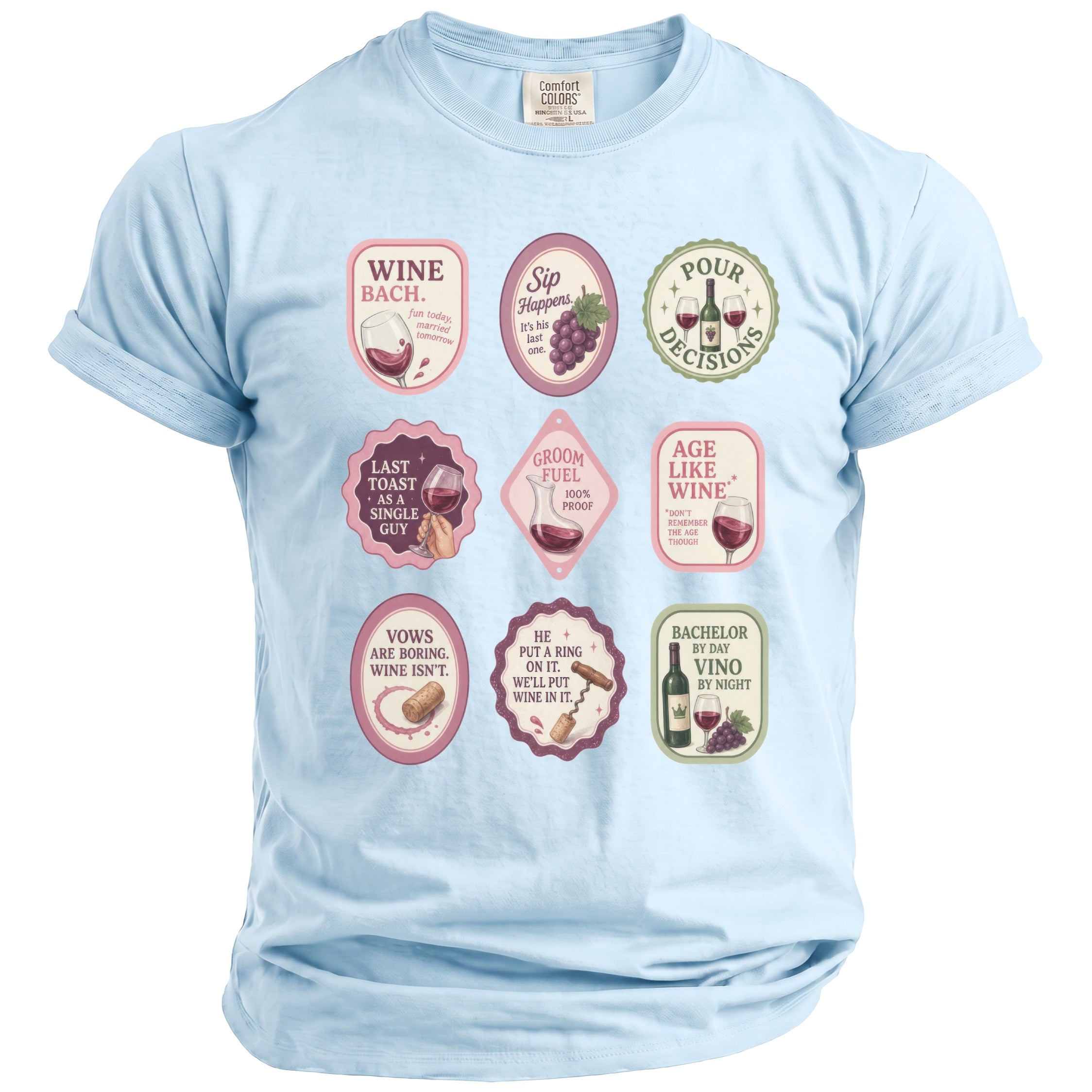 Light blue t-shirt with nine wine-themed graphic badges.