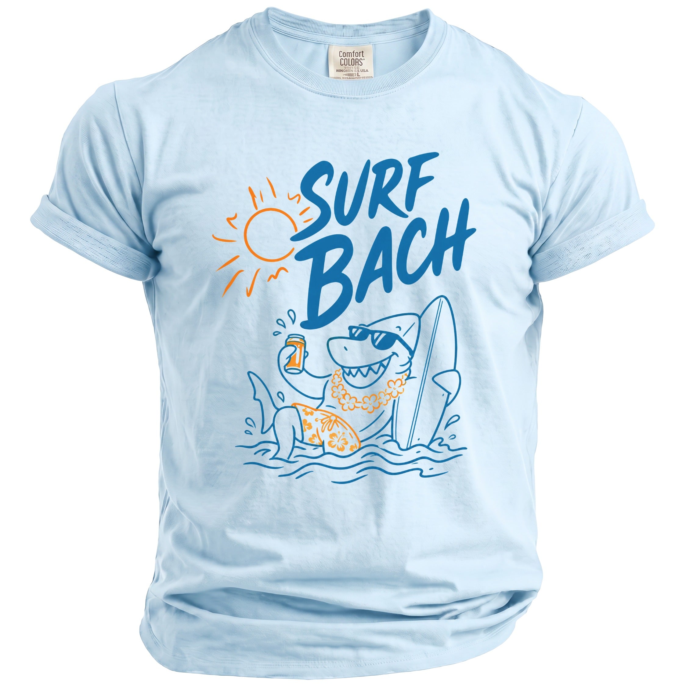 Light blue t-shirt with "SURF BACH" text and cartoon shark holding a drink.