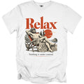 White t-shirt with graphic "Relax. Nothing is under control" and a reclining figure.
