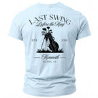 Light blue t-shirt with "Last Swing Before the Ring" text and golf bag graphic.