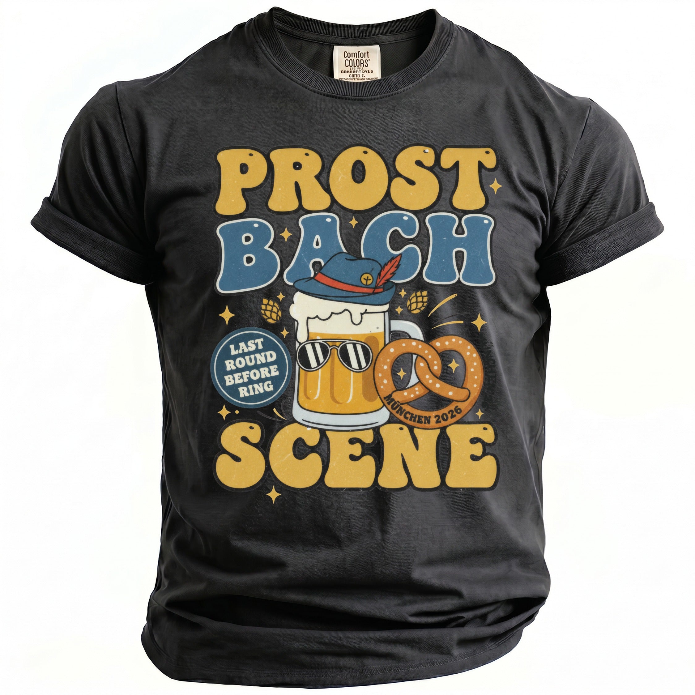 Prost Bach Scene t-shirt with beer, pretzel, hat, and text.
