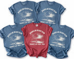Four blue and one red shirt feature "Bachelor Beach Club Groom's Last Wave 2026" design.