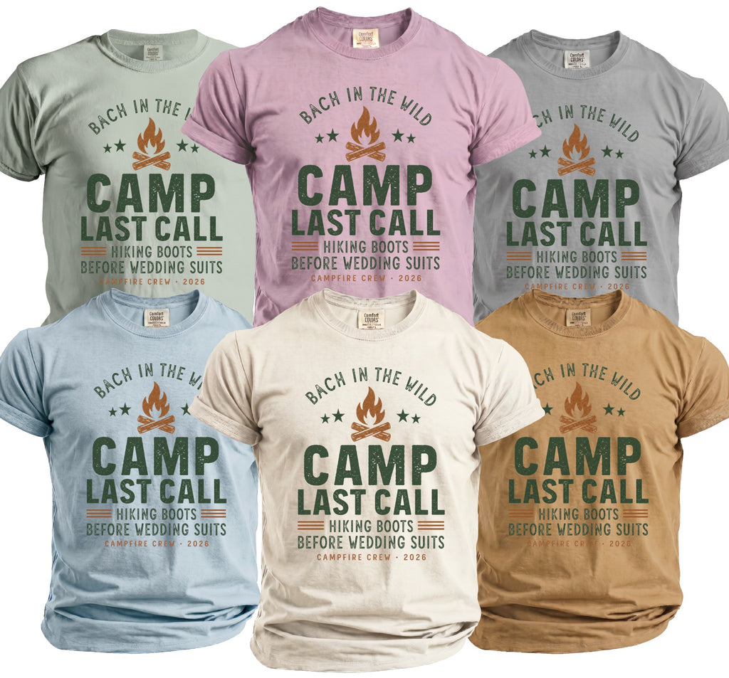 T-shirts with "Camp Last Call" text, campfire graphic, and "Campfire Crew 2026".