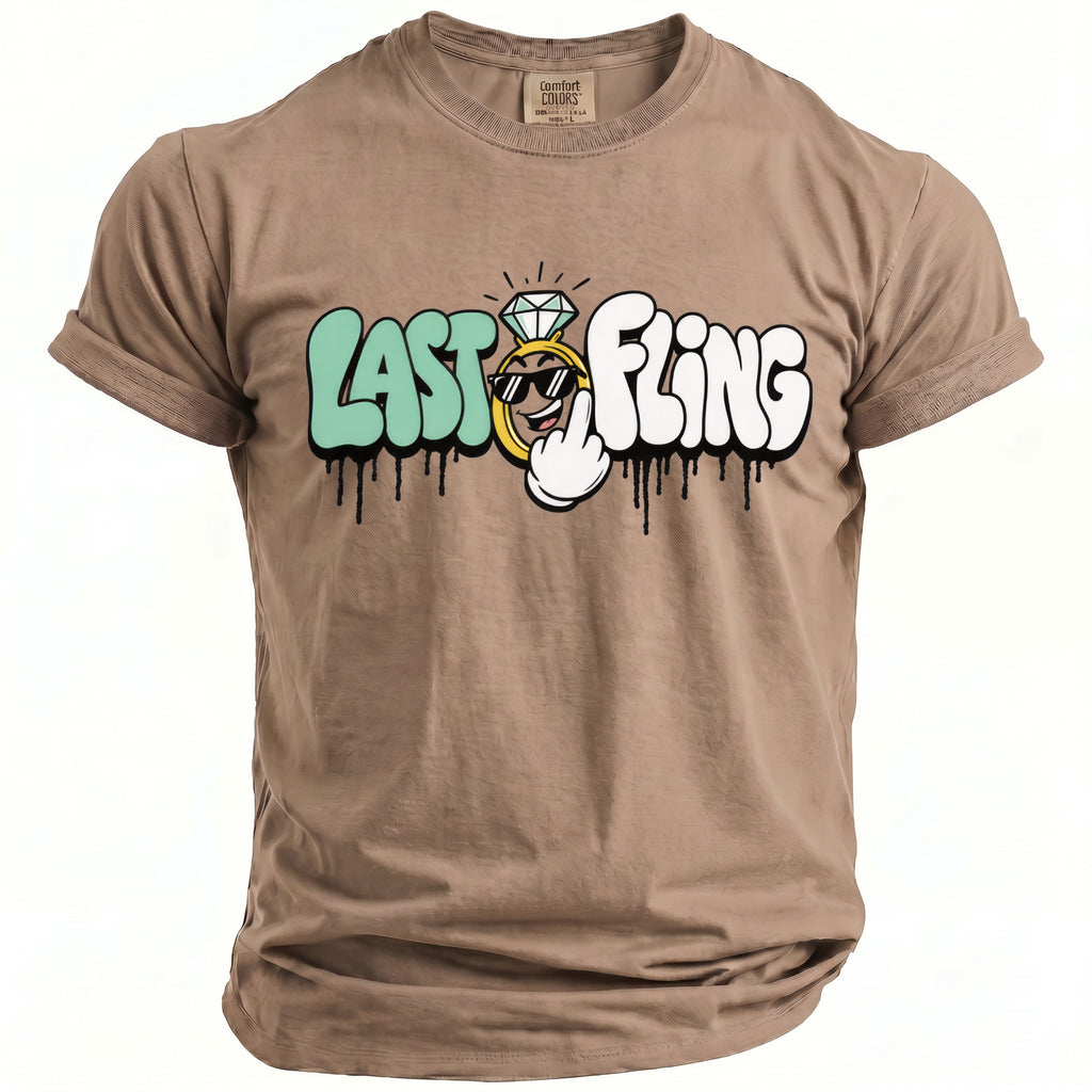 Brown t-shirt with "LAST FLING" text and a cartoon diamond ring graphic.