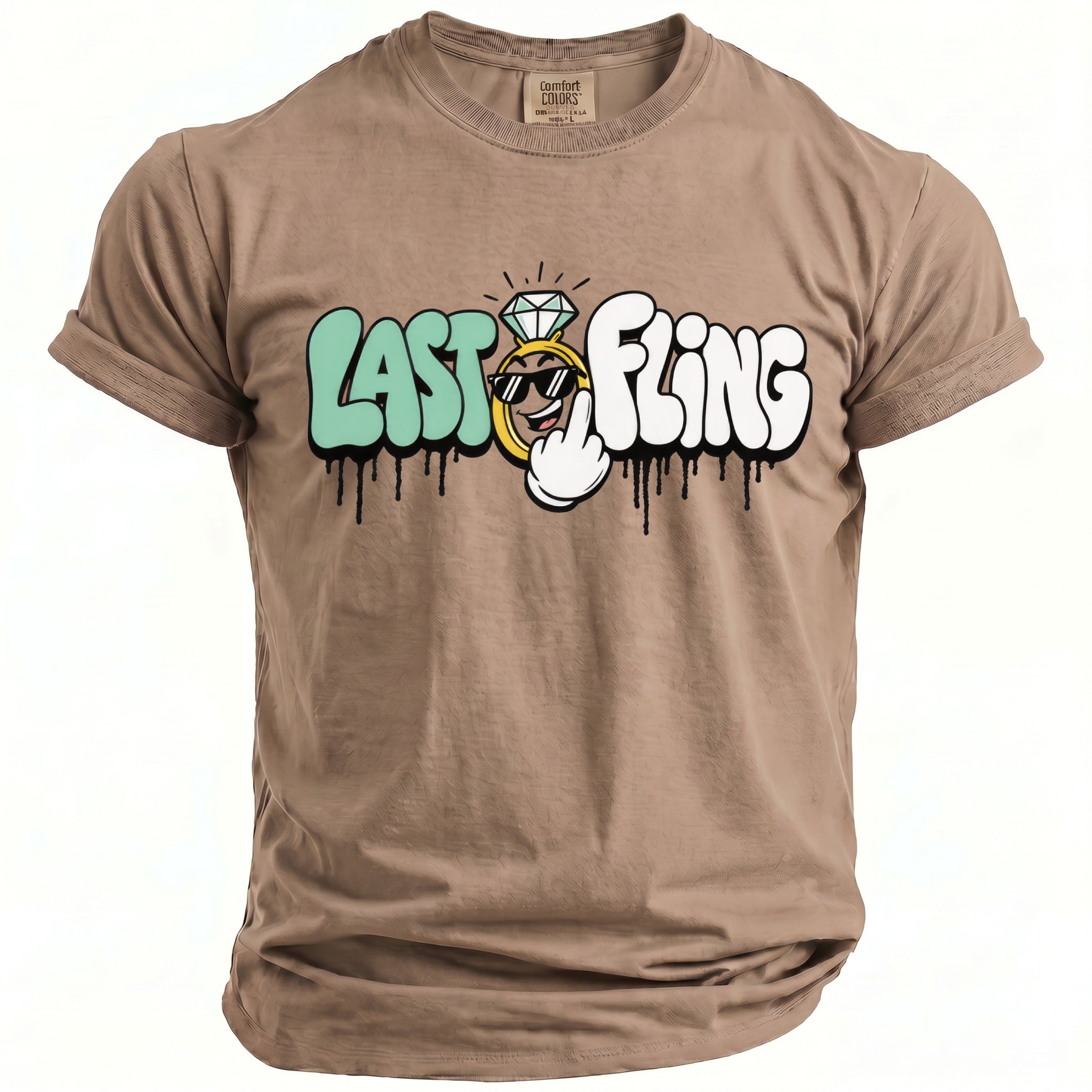Brown t-shirt with "LAST FLING" text and a cartoon diamond ring graphic.
