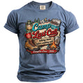 A blue crewneck t-shirt featuring a camping graphic with mountains, a lantern, a cooler, and the text Camp Last Call.